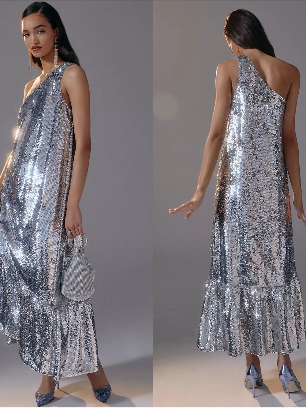 NWT Maeve Anthropologie One Shoulder Silver Sequin Maxi Dress Size XXS